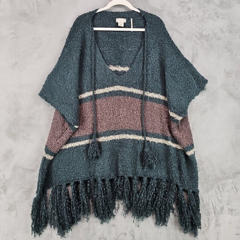 Free People Poncho Sweater Womens One Size Teal/Rose Stripe Bohemian Tasseled - Picture 1 of 7